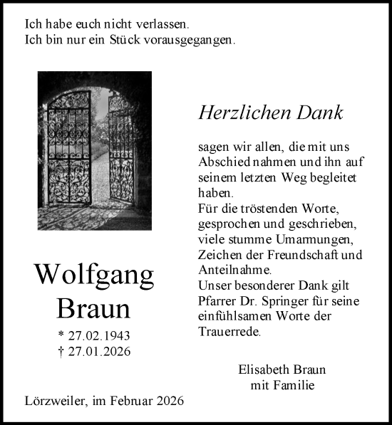Traueranzeige von Wolfgang Braun von Allgemeine Zeitung Mainz