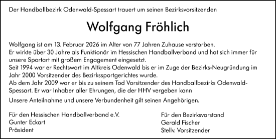 Traueranzeige von Wolfgang Fröhlich von Odenwälder Echo