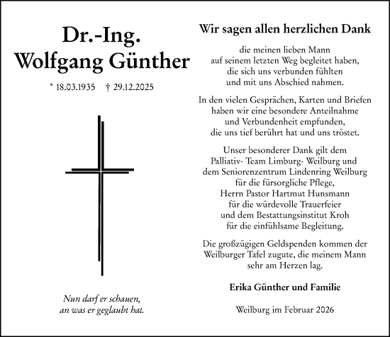 Traueranzeige von Wolfgang Günther von Weilburger Tageblatt