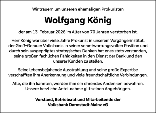 Traueranzeige von Wolfgang König von Darmstädter Echo