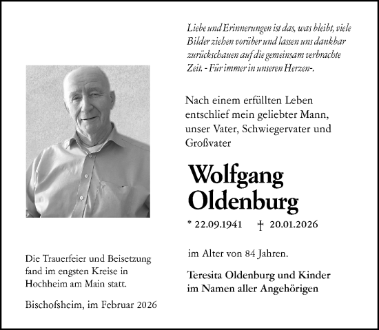 Traueranzeige von Wolfgang Oldenburg von Mainspitze Wochenblatt