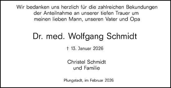 Traueranzeige von Wolfgang Schmidt von Darmstädter Echo