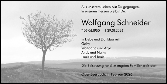 Traueranzeige von Wolfgang Schneider von Darmstädter Echo