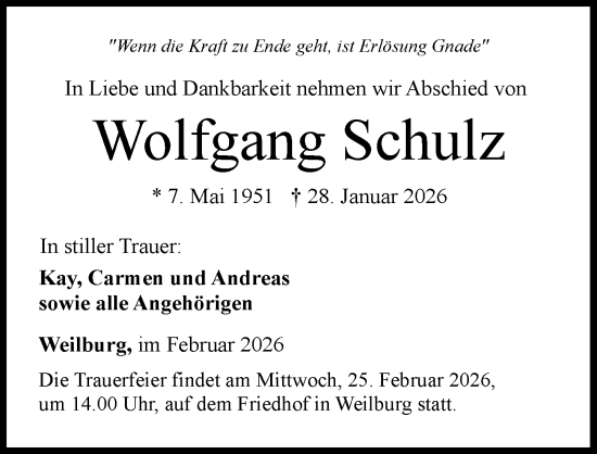 Traueranzeige von Wolfgang Schulz von Weilburger Tageblatt