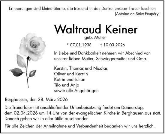 Traueranzeige von Waltraud Keiner von Wetzlarer Neue Zeitung