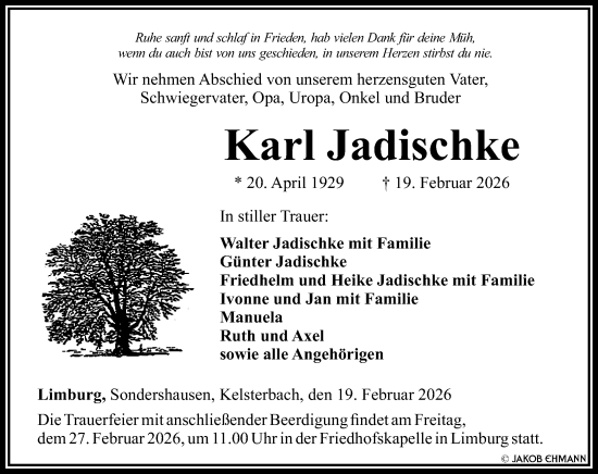 Traueranzeige von Karl Jadischke von Nassauische Neue Presse