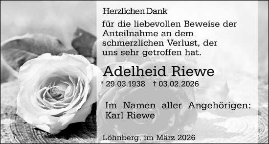 Traueranzeige von Adelheid Riewe von Weilburger Tageblatt
