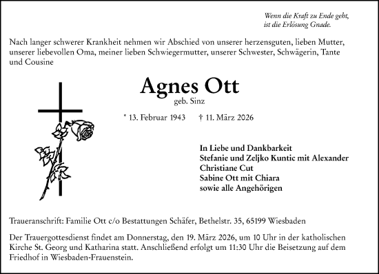 Traueranzeige von Agnes Ott von Wiesbadener Kurier