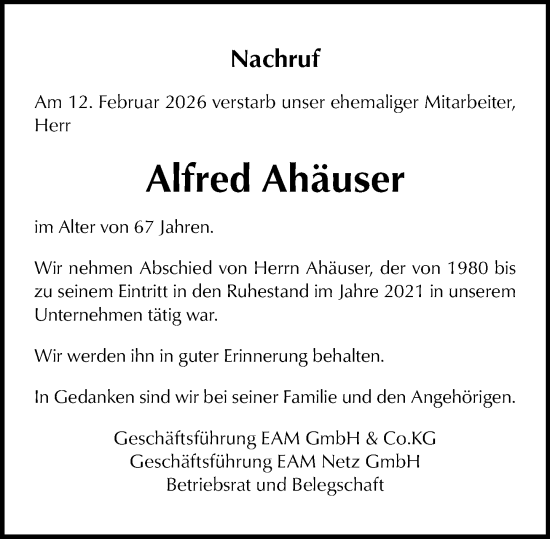 Traueranzeige von Alfred Ahäuser von Weilburger Tageblatt