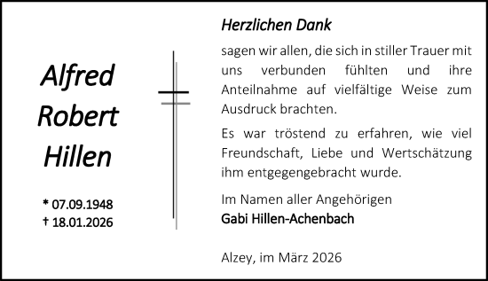 Traueranzeige von Alfred Hillen  von Allgemeine Zeitung Alzey