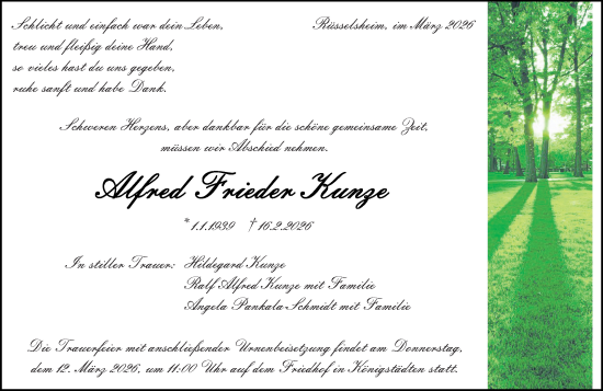 Traueranzeige von Alfred Frieder Kunze von Rüsselsheimer Echo