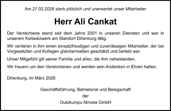 Traueranzeige von Ali Cankat von Dill Block