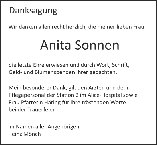 Traueranzeige von Anita Sonnen von Darmstädter Echo