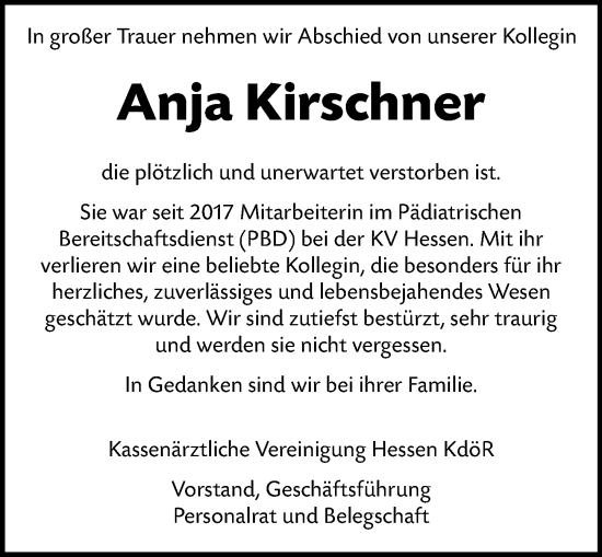 Traueranzeige von Anja Kirschner von Wetzlarer Neue Zeitung