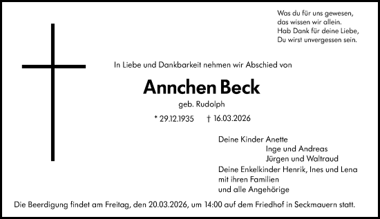 Traueranzeige von Annchen Beck von Odenwälder Echo