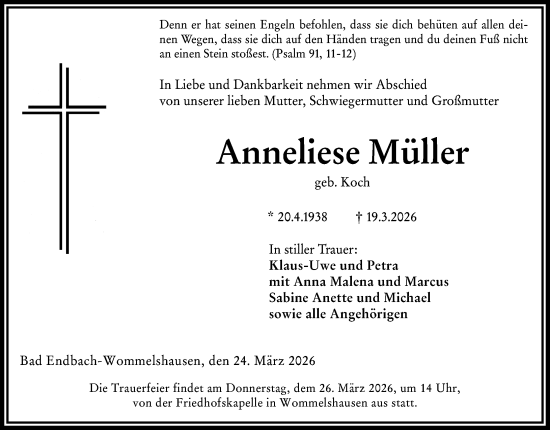 Traueranzeige von Anneliese Müller von Hinterländer Anzeiger