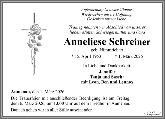 Traueranzeige von Anneliese Schreiner von Weilburger Tageblatt
