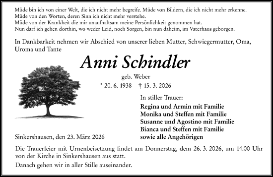 Traueranzeige von Anni Schindler von Hinterländer Anzeiger