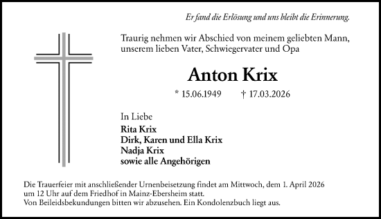 Traueranzeige von Anton Krix von Allgemeine Zeitung Mainz