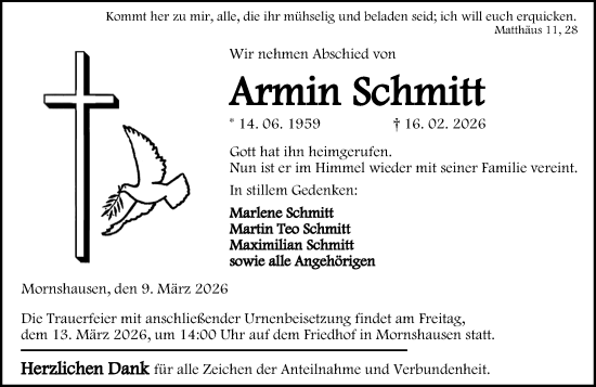 Traueranzeige von Armin Schmitt von Hinterländer Anzeiger