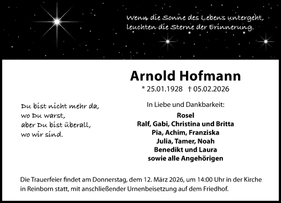 Traueranzeige von Arnold Hofmann von Camberger Anzeiger