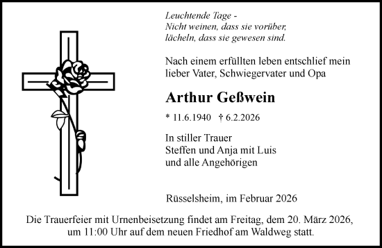 Traueranzeige von Arthur Geßwein von Rüsselsheimer Echo