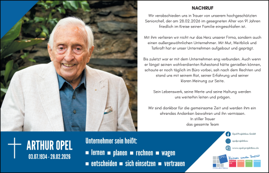 Traueranzeige von Arthur Opel von Nassauische Neue Presse