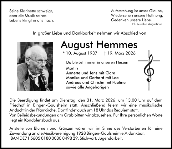 Traueranzeige von August Hemmes von Allgemeine Zeitung Rheinhessen-Nahe