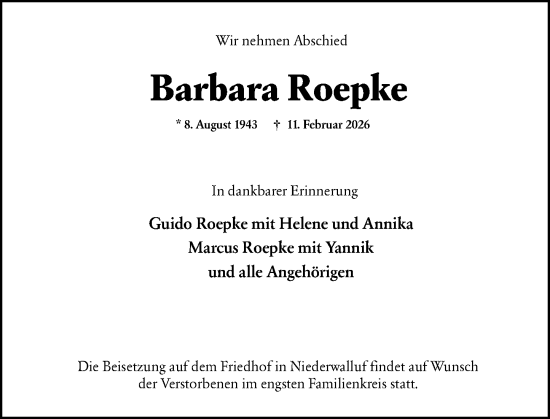 Traueranzeige von Barbara Roepke von Wiesbadener Kurier
