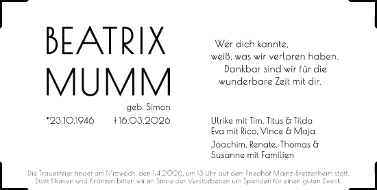 Traueranzeige von Beatrix Mumm von Allgemeine Zeitung Mainz