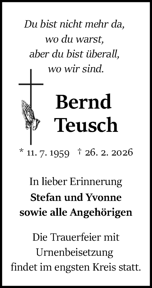 Traueranzeige von Bernd Teusch von Odenwälder Echo