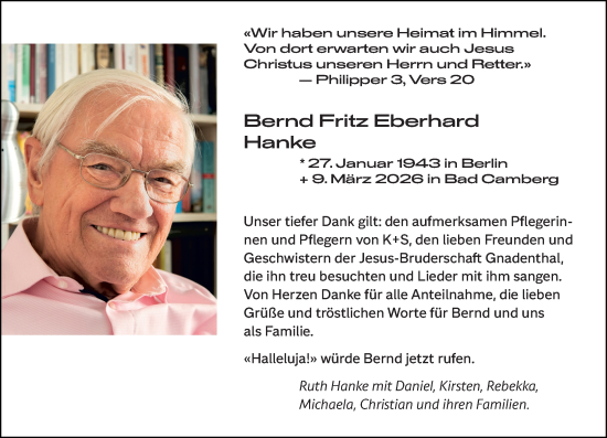 Traueranzeige von Bernd Fritz Eberhard Hanke von Camberger Anzeiger