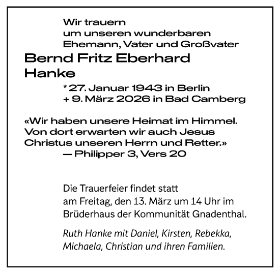 Traueranzeige von Bernd Fritz Eberhard Hanke von Camberger Anzeiger