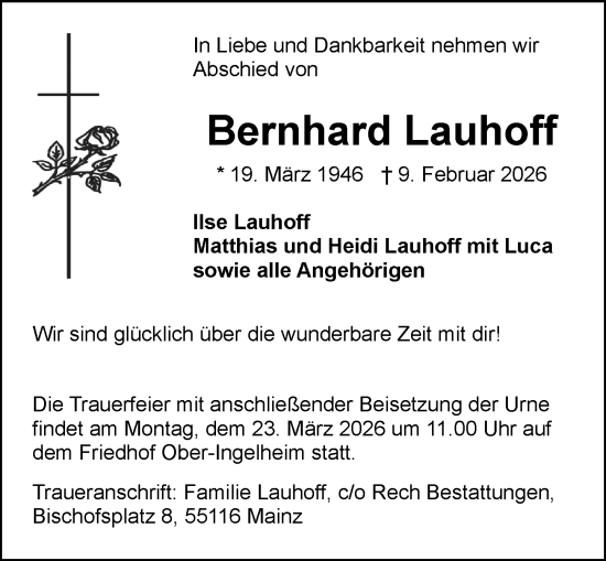 Traueranzeige von Bernhard Lauhoff von Allgemeine Zeitung Rheinhessen-Nahe