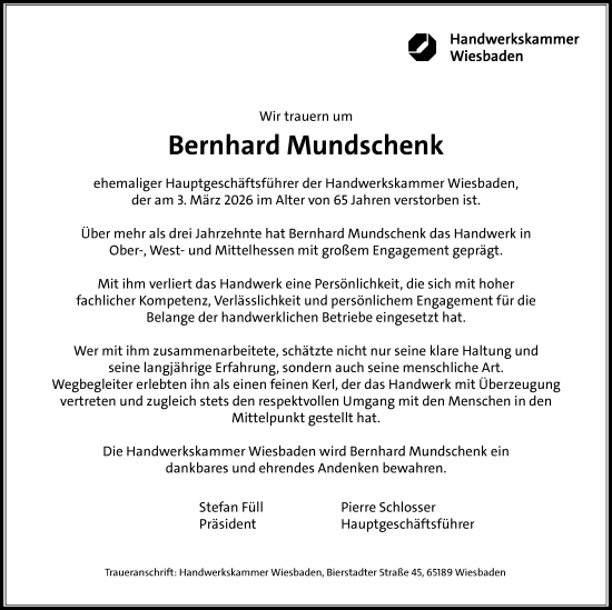 Traueranzeige von Bernhard Mundschenk von Nassauische Neue Presse