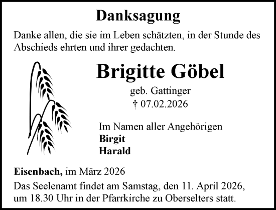 Traueranzeige von Brigitte Göbel von Camberger Anzeiger