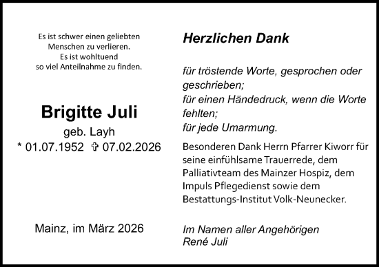 Traueranzeige von Brigitte Juli von Allgemeine Zeitung Mainz