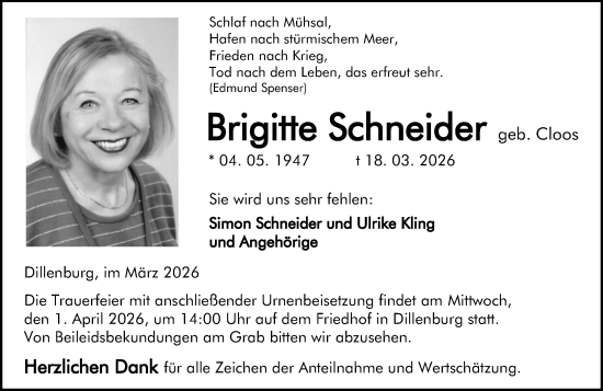 Traueranzeige von Brigitte Schneider von Dill Block
