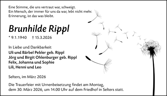 Traueranzeige von Brunhilde Rippl von Weilburger Tageblatt