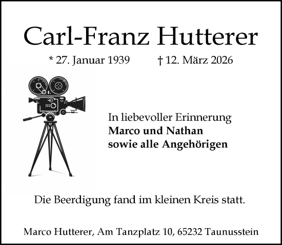 Traueranzeige von Carl-Franz Hutterer von Wiesbadener Kurier