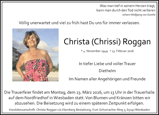 Traueranzeige von Christa Roggan von Wiesbadener Kurier
