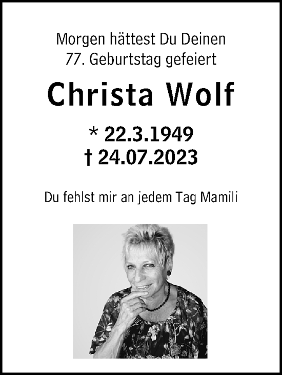 Traueranzeige von Christa Wolf von Wiesbadener Kurier