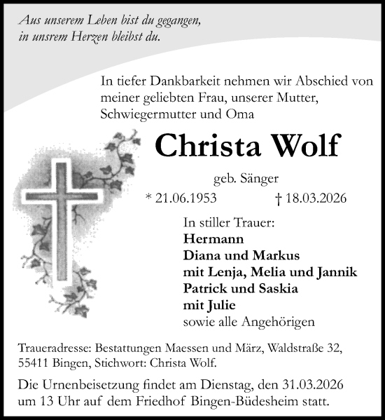 Traueranzeige von Christa Wolf von Binger-/Ingelheimer Wochenblatt