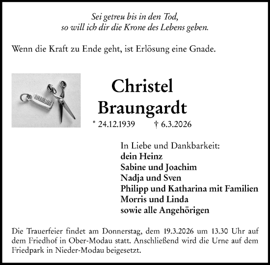 Traueranzeige von Christel Braungardt von Darmstädter Echo