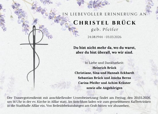 Traueranzeige von Christel Brück von Wetzlarer Neue Zeitung