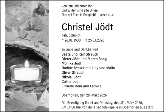 Traueranzeige von Christel Jödt von Hinterländer Anzeiger