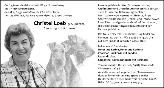 Traueranzeige von Christel Loeb von Odenwälder Echo