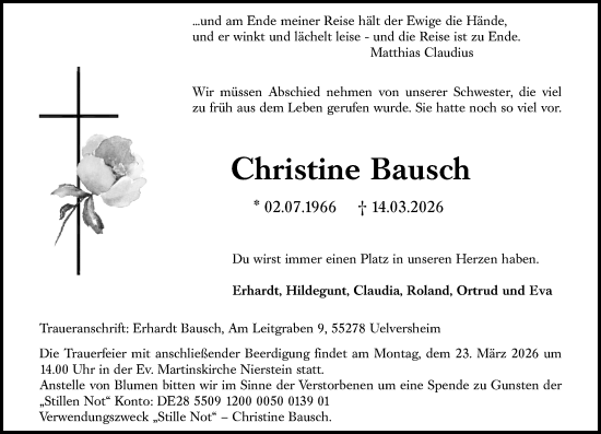 Traueranzeige von Christine Bausch von Allgemeine Zeitung Mainz