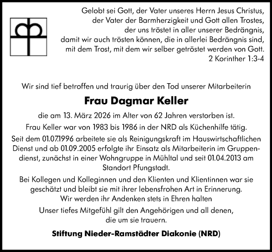 Traueranzeige von Dagmar Keller von Darmstädter Echo