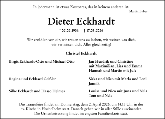 Traueranzeige von Dieter Eckhardt von Wetzlarer Neue Zeitung